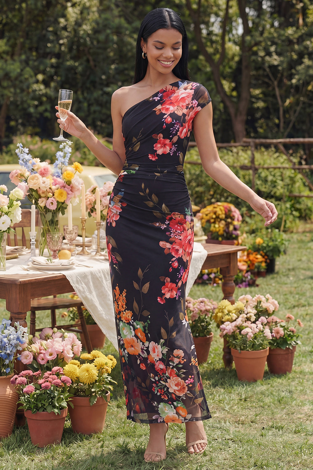 One Shoulder A Line Ruched Ivory Floral Maxi Beach Wedding Guest Dress