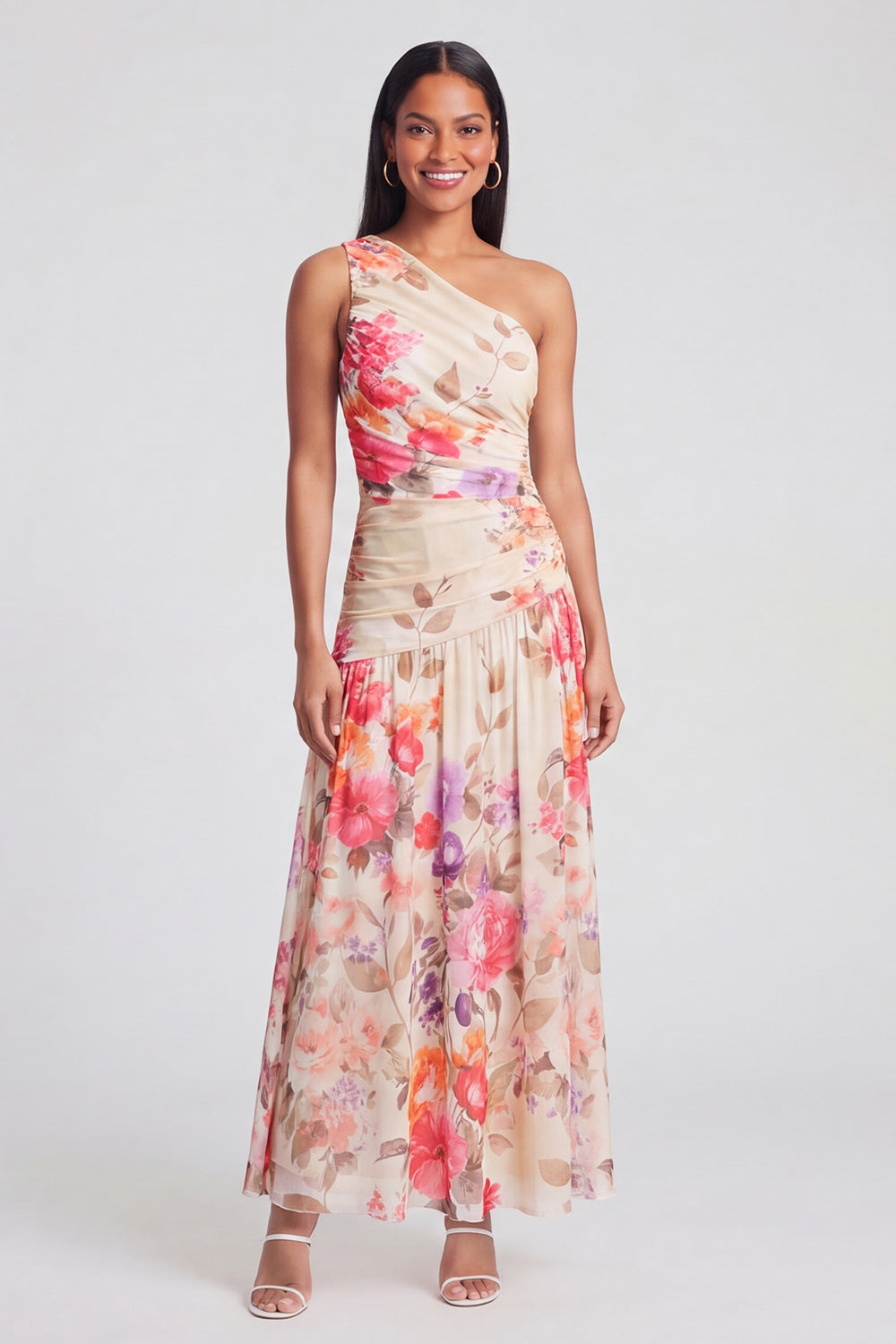 One Shoulder A Line Ruched Ivory Floral Maxi Beach Wedding Guest Dress