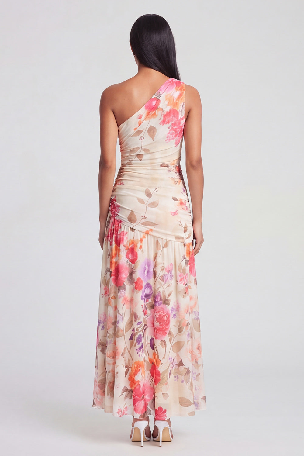 One Shoulder A Line Ruched Ivory Floral Maxi Beach Wedding Guest Dress