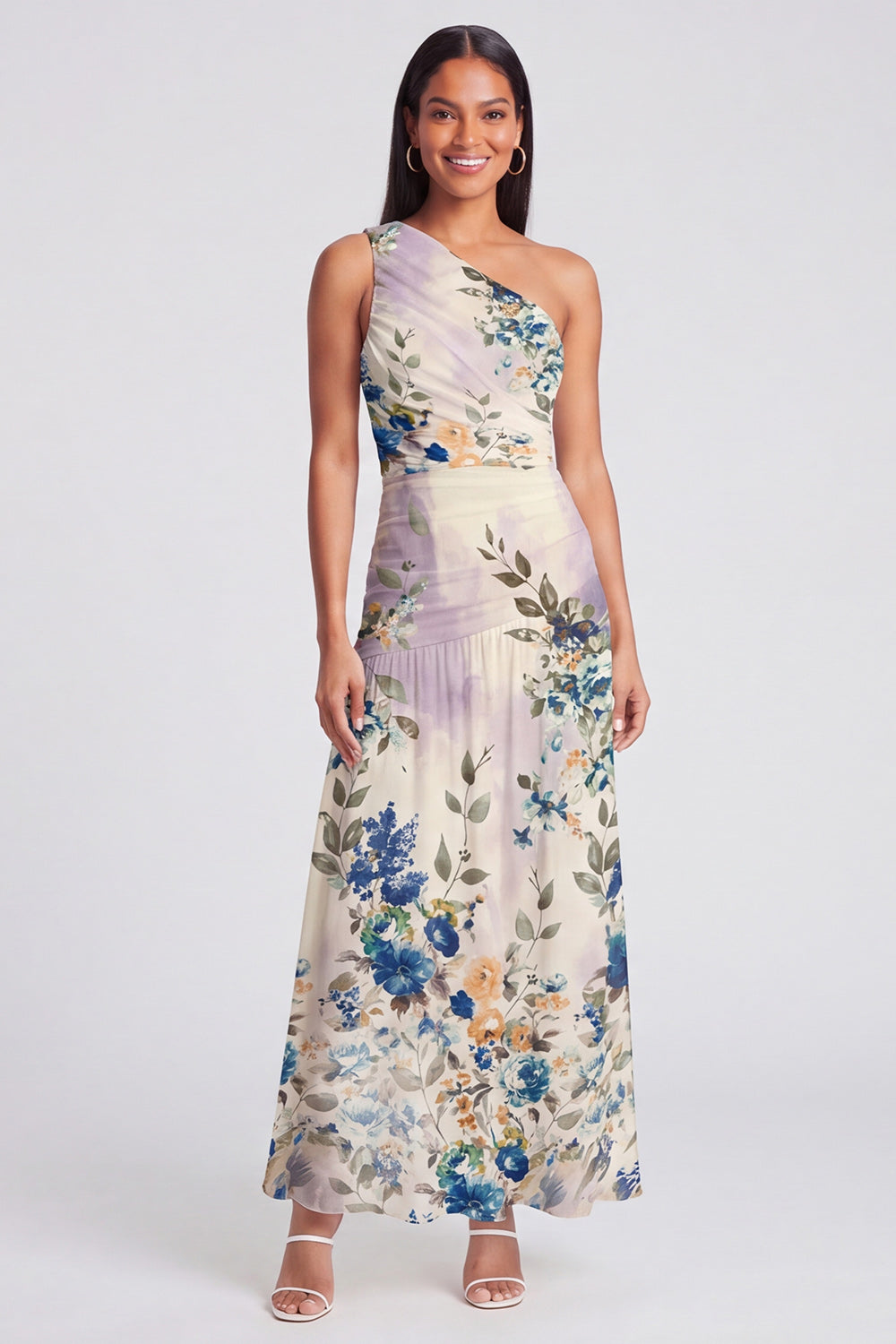 One Shoulder A Line Ruched Ivory Floral Maxi Beach Wedding Guest Dress