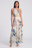 One Shoulder A Line Ruched Ivory Floral Maxi Beach Wedding Guest Dress
