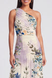 One Shoulder A Line Ruched Ivory Floral Maxi Beach Wedding Guest Dress