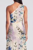 One Shoulder A Line Ruched Ivory Floral Maxi Beach Wedding Guest Dress