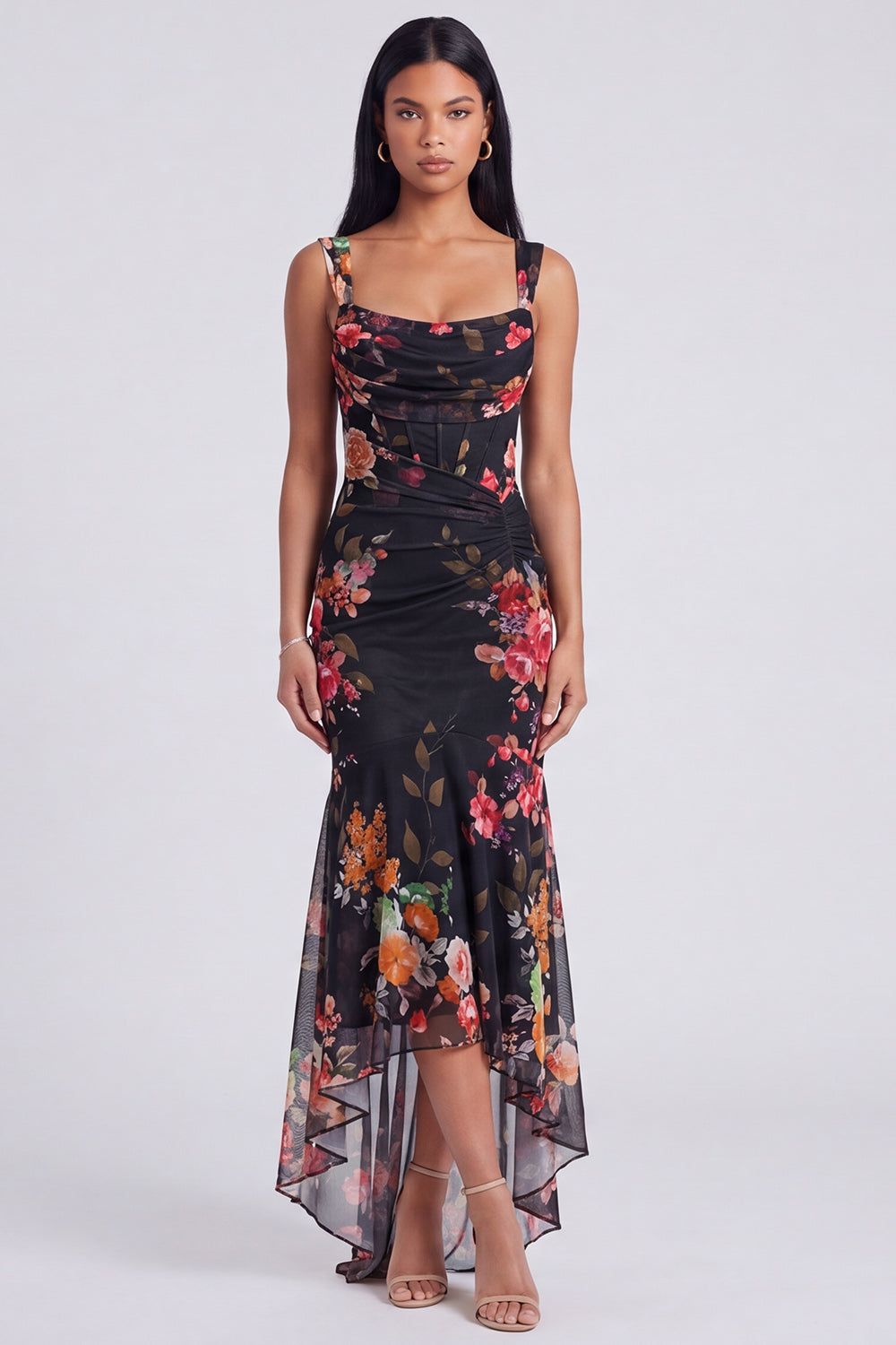 Mermaid Corset Ruched Ivory Floral Maxi Beach Wedding Guest Dress