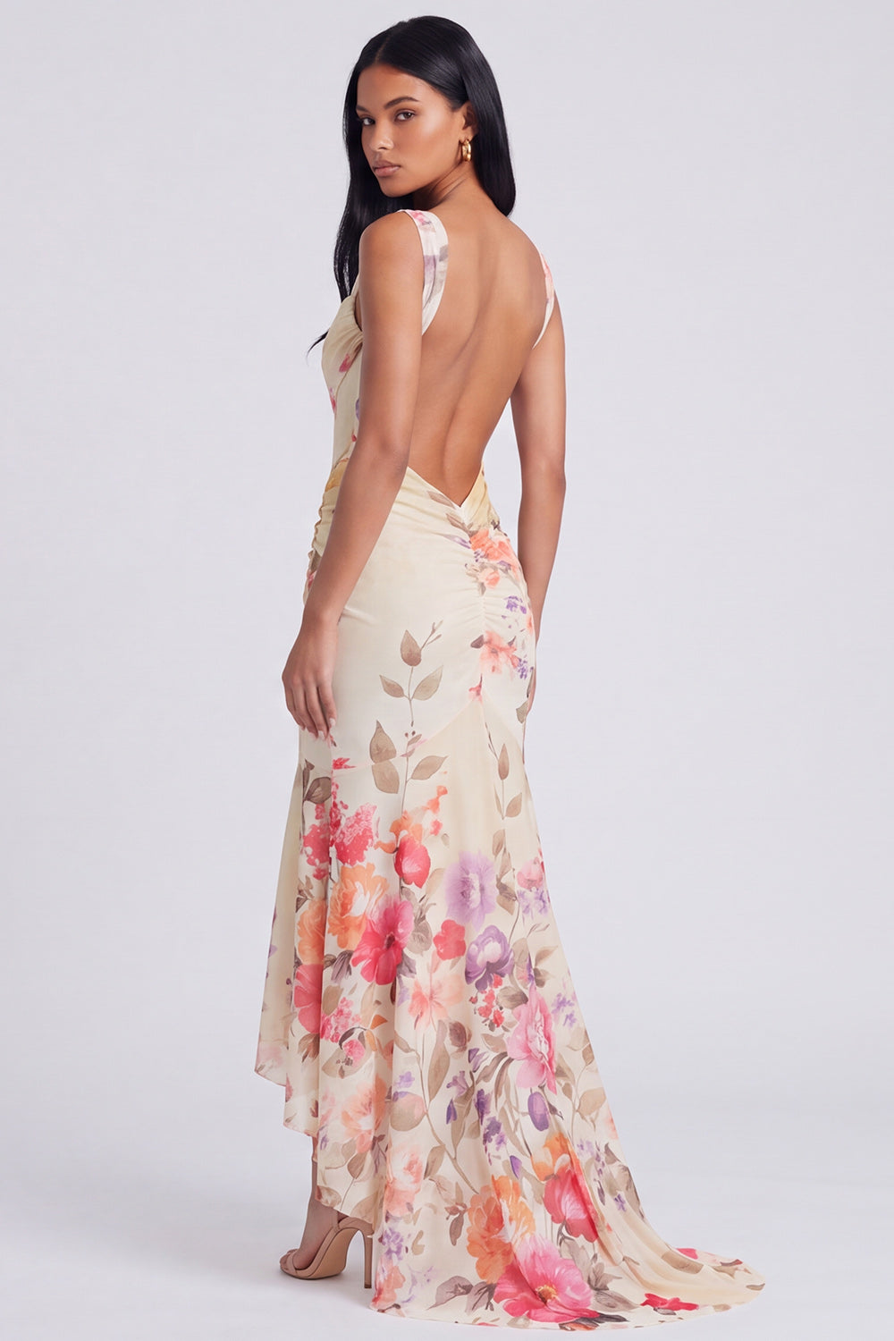 Mermaid Corset Ruched Ivory Floral Maxi Beach Wedding Guest Dress