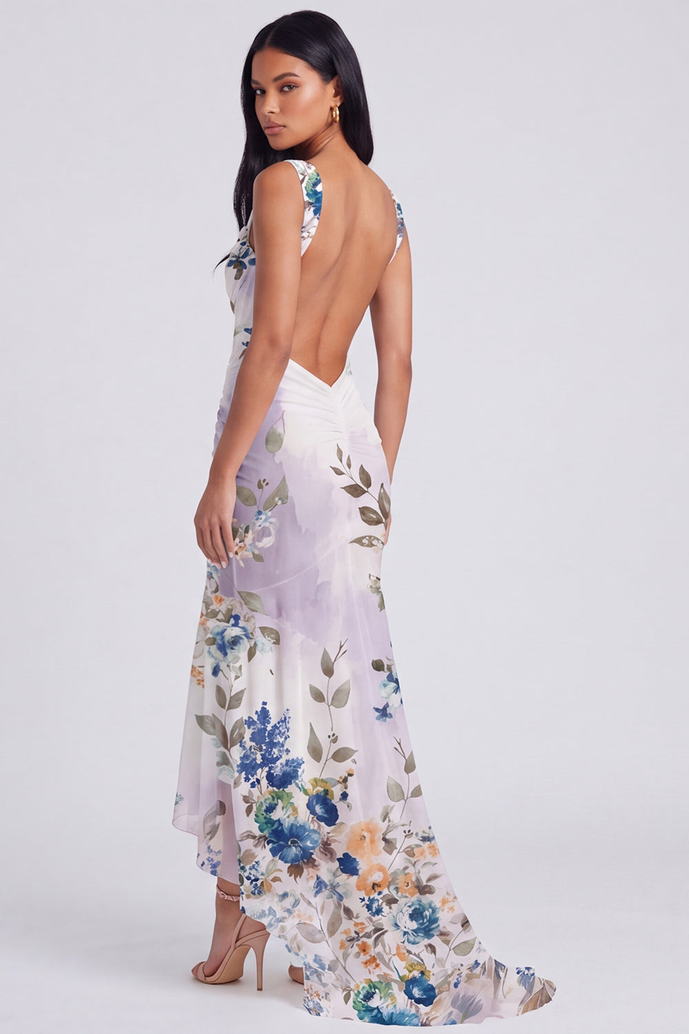 Mermaid Corset Ruched Ivory Floral Maxi Beach Wedding Guest Dress