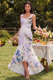 Mermaid Corset Ruched Ivory Floral Maxi Beach Wedding Guest Dress