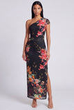 Black Sheath Ruched Black Floral Maxi Beach Wedding Guest Dress with Slit