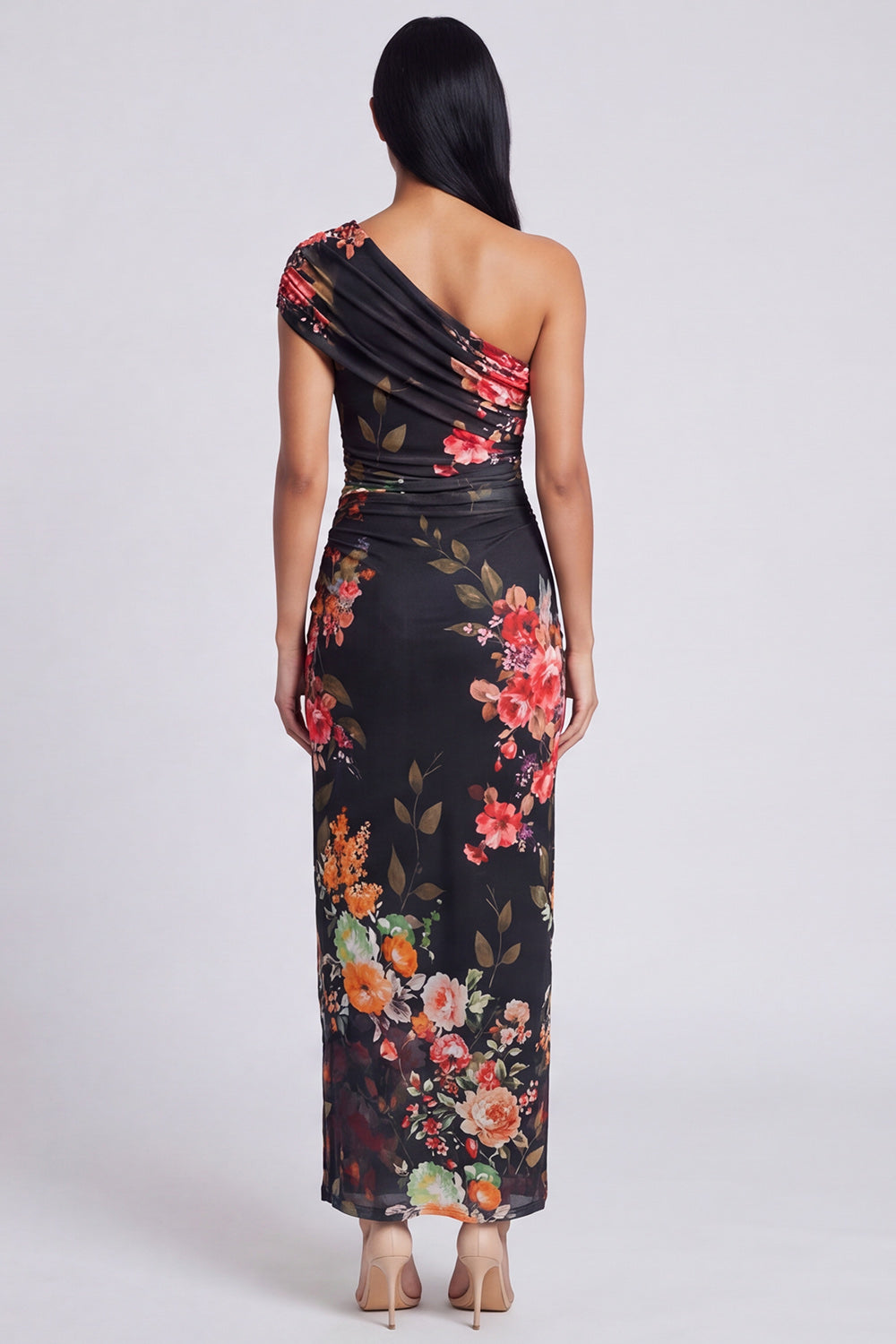 Black Sheath Ruched Black Floral Maxi Beach Wedding Guest Dress with Slit