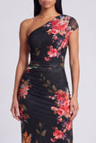 Black Sheath Ruched Black Floral Maxi Beach Wedding Guest Dress with Slit