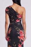 Black Sheath Ruched Black Floral Maxi Beach Wedding Guest Dress with Slit