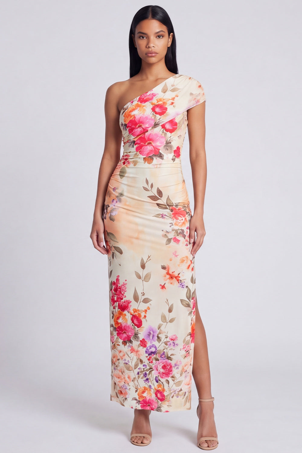 Black Sheath Ruched Black Floral Maxi Beach Wedding Guest Dress with Slit