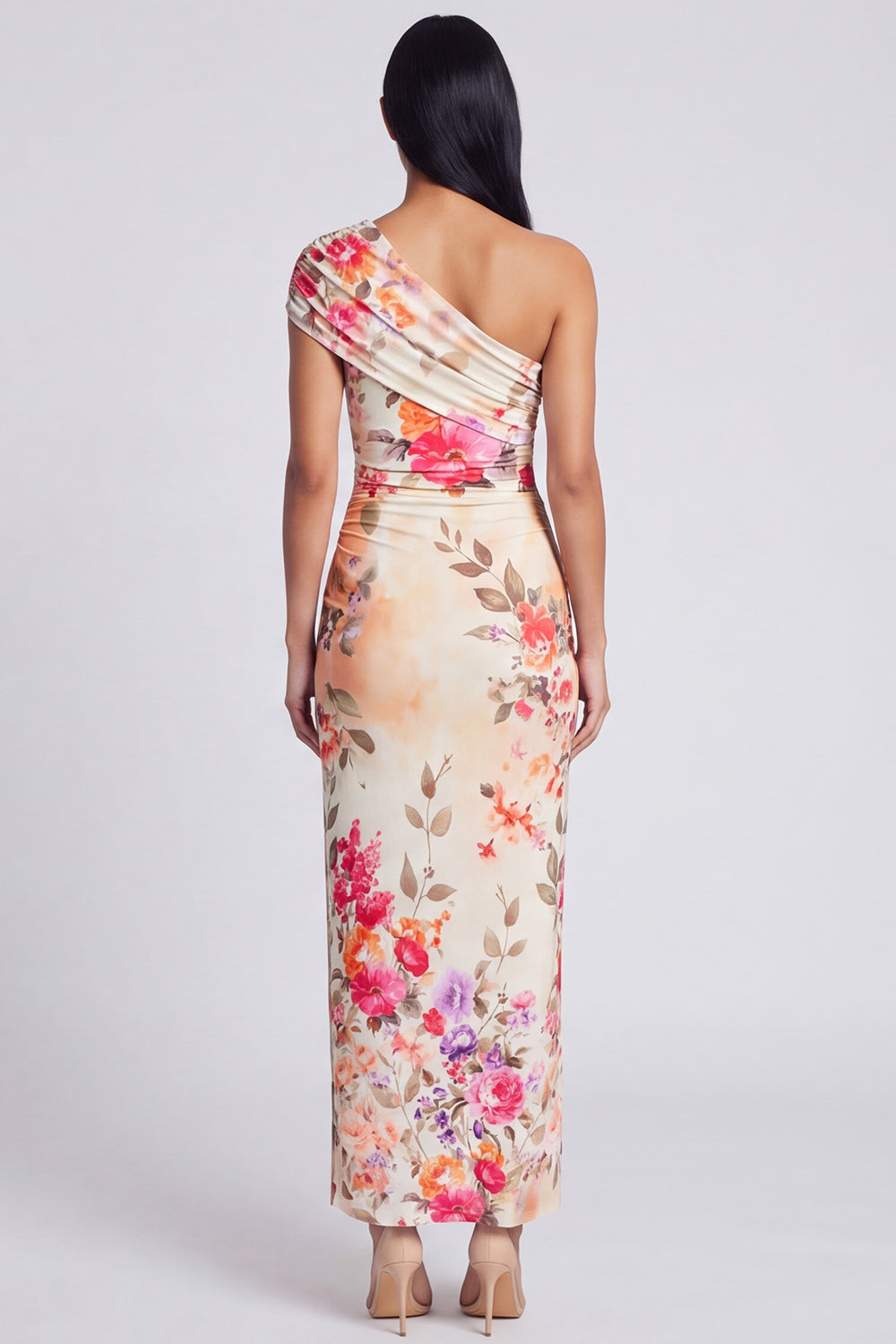 Black Sheath Ruched Black Floral Maxi Beach Wedding Guest Dress with Slit