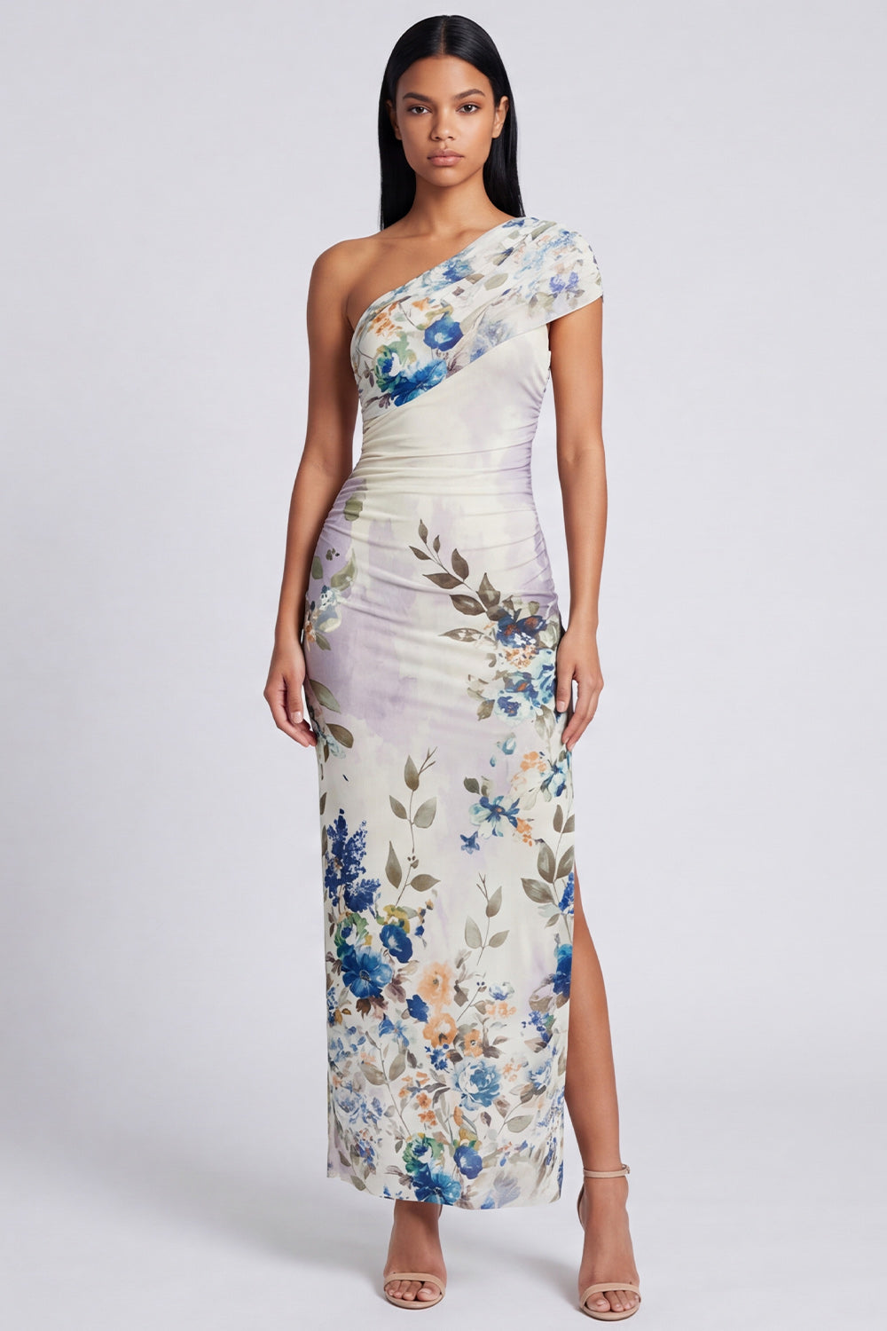 Black Sheath Ruched Black Floral Maxi Beach Wedding Guest Dress with Slit