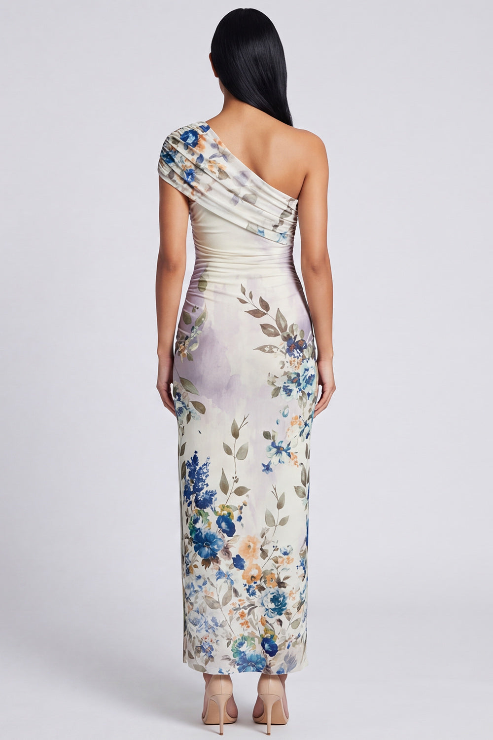 Black Sheath Ruched Black Floral Maxi Beach Wedding Guest Dress with Slit