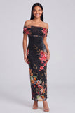 Off the Shoulder Sheath Ruched Ivory Floral Maxi Beach Wedding Guest Dress