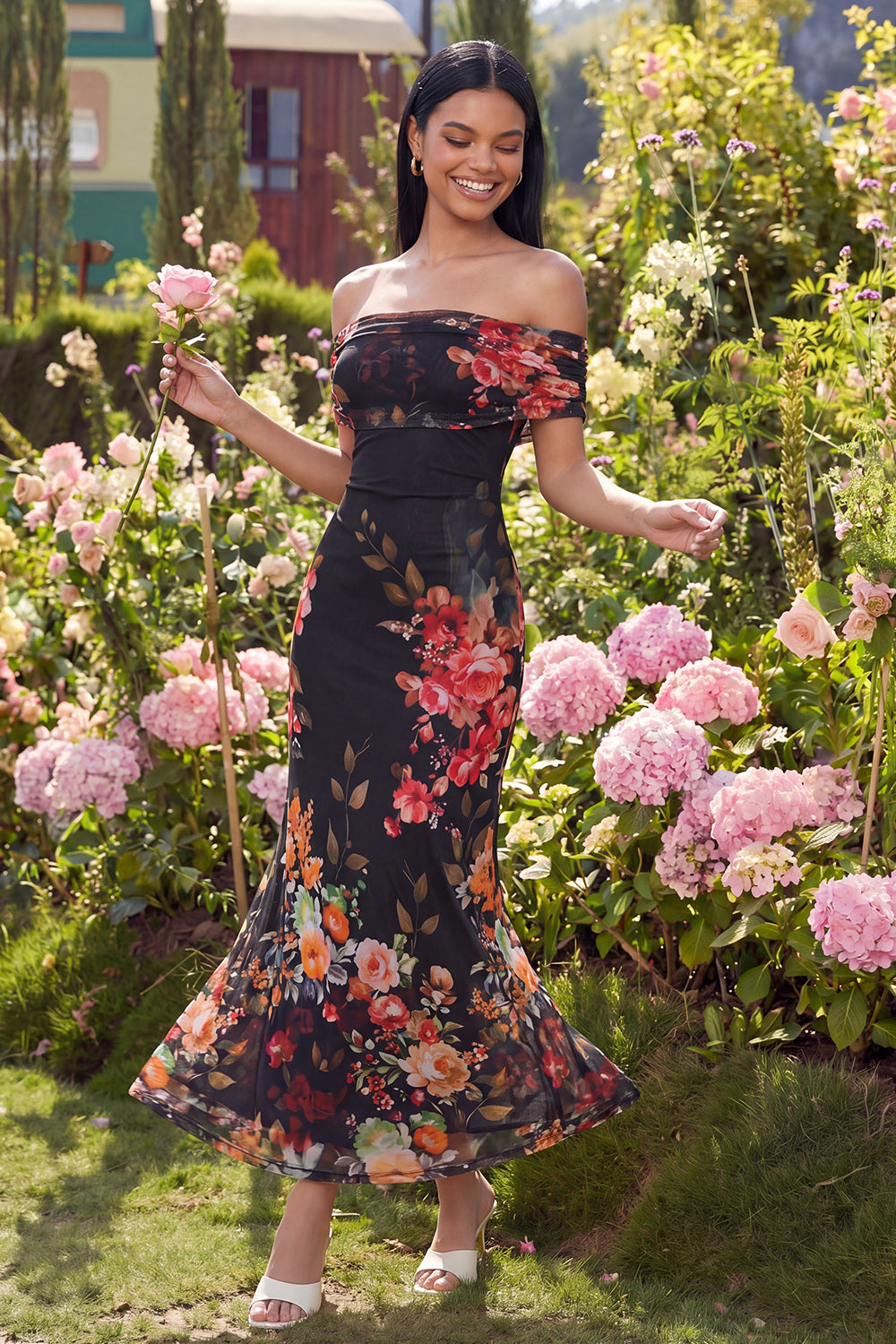 Off the Shoulder Sheath Ruched Ivory Floral Maxi Beach Wedding Guest Dress