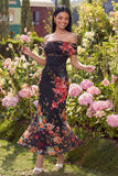 Off the Shoulder Sheath Ruched Ivory Floral Maxi Beach Wedding Guest Dress
