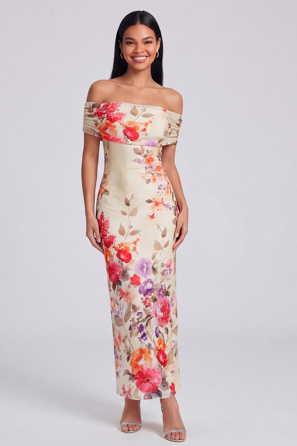 Off the Shoulder Sheath Ruched Ivory Floral Maxi Beach Wedding Guest Dress