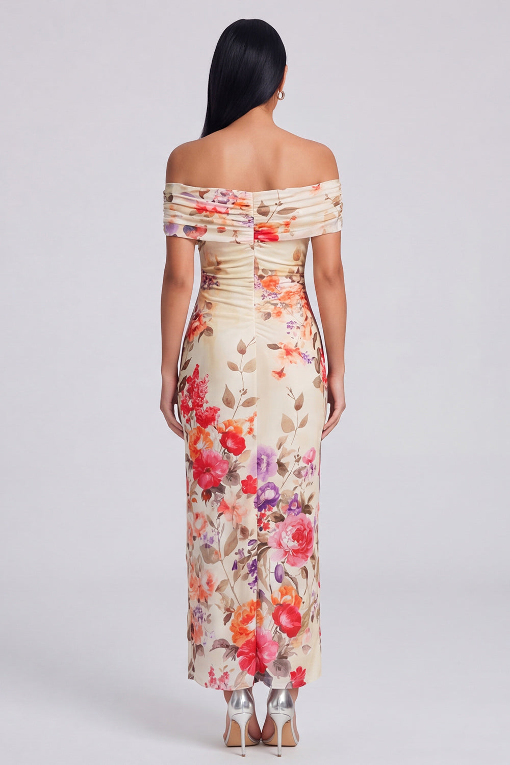 Off the Shoulder Sheath Ruched Ivory Floral Maxi Beach Wedding Guest Dress