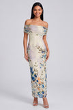 Off the Shoulder Sheath Ruched Ivory Floral Maxi Beach Wedding Guest Dress