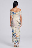 Off the Shoulder Sheath Ruched Ivory Floral Maxi Beach Wedding Guest Dress