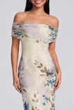 Off the Shoulder Sheath Ruched Ivory Floral Maxi Beach Wedding Guest Dress