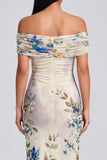 Off the Shoulder Sheath Ruched Ivory Floral Maxi Beach Wedding Guest Dress