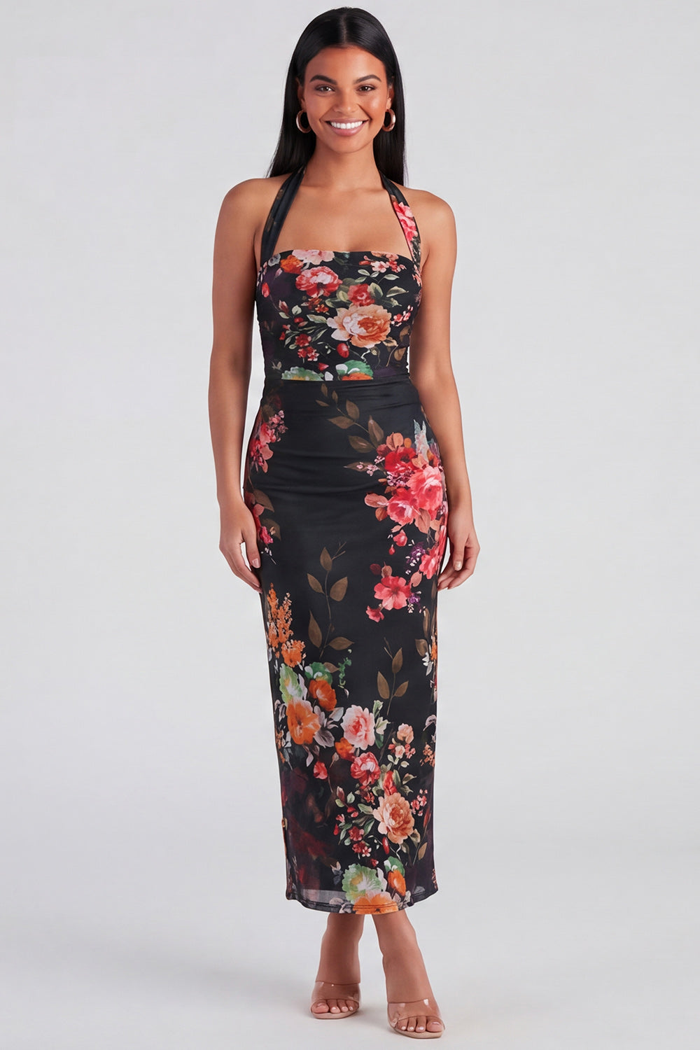 Halter Sheath Ruched Champagne Floral Maxi Beach Wedding Guest Dress