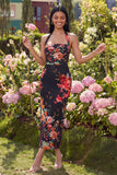 Halter Sheath Ruched Champagne Floral Maxi Beach Wedding Guest Dress
