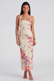 Halter Sheath Ruched Champagne Floral Maxi Beach Wedding Guest Dress