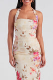 Halter Sheath Ruched Champagne Floral Maxi Beach Wedding Guest Dress