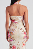 Halter Sheath Ruched Champagne Floral Maxi Beach Wedding Guest Dress