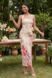 Halter Sheath Ruched Champagne Floral Maxi Beach Wedding Guest Dress