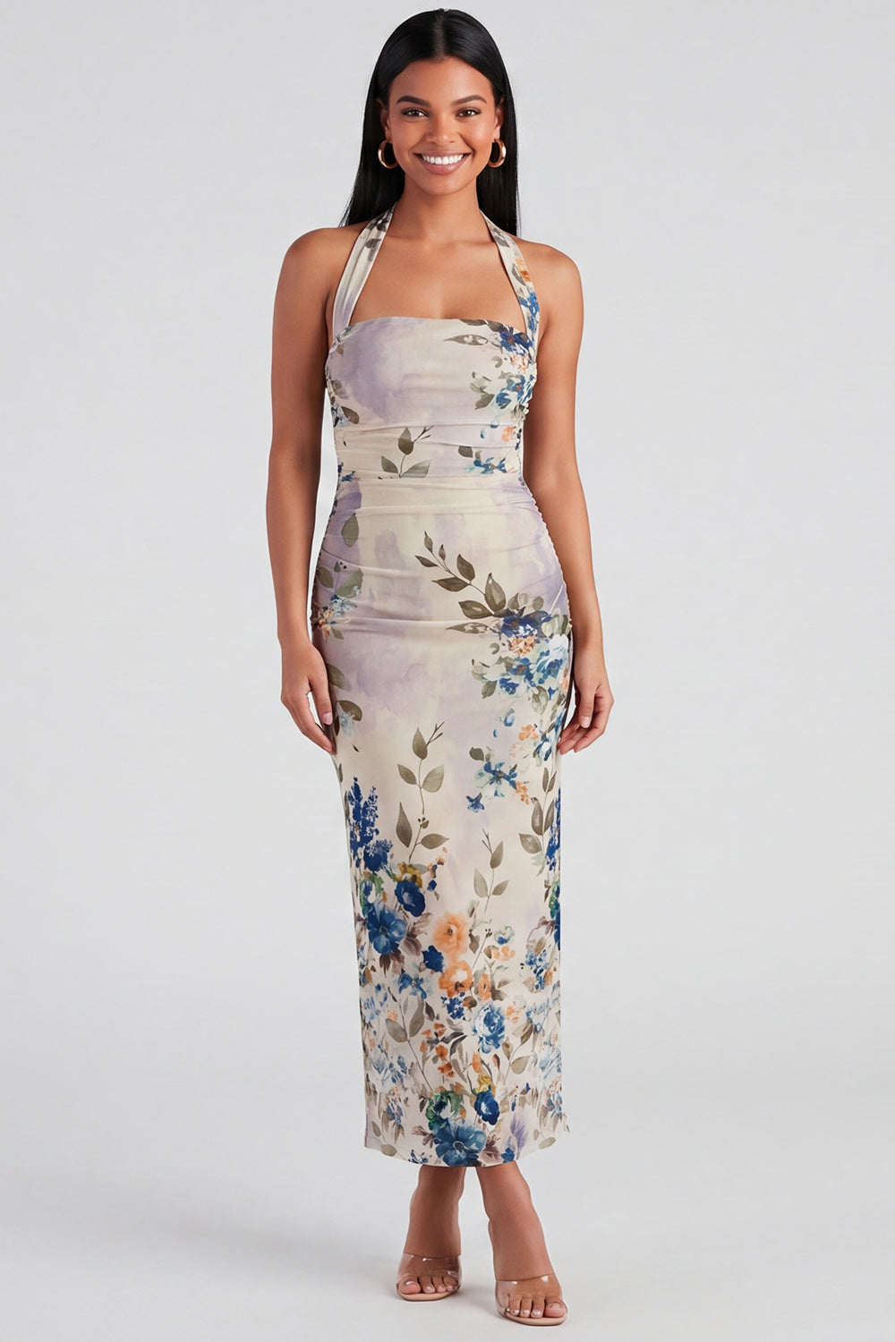 Halter Sheath Ruched Champagne Floral Maxi Beach Wedding Guest Dress