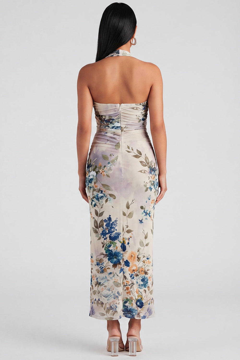 Halter Sheath Ruched Champagne Floral Maxi Beach Wedding Guest Dress