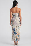 Halter Sheath Ruched Champagne Floral Maxi Beach Wedding Guest Dress