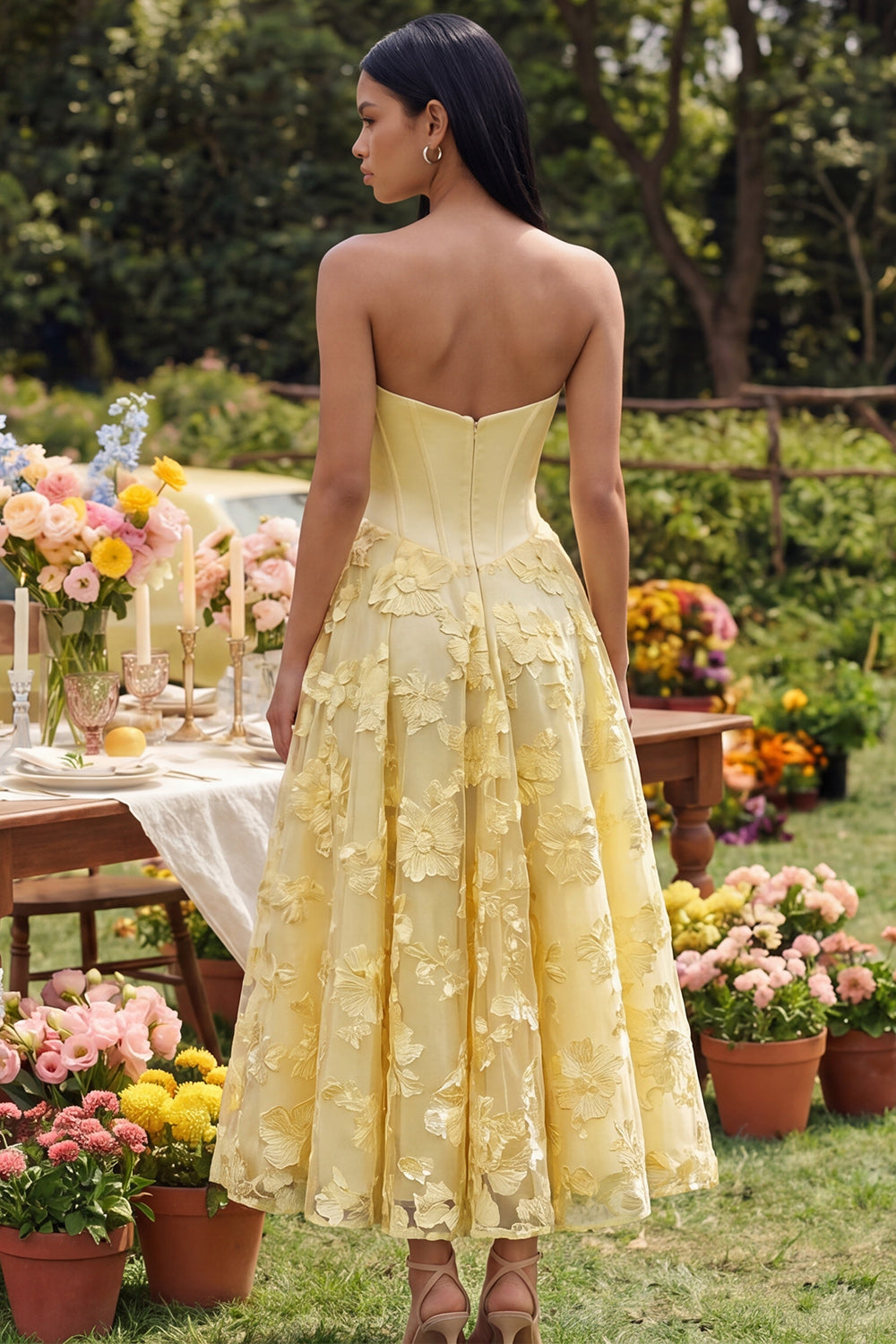 Butter Yellow Basque Waist Corset Maxi Floral A Line Beach Wedding Guest Dress