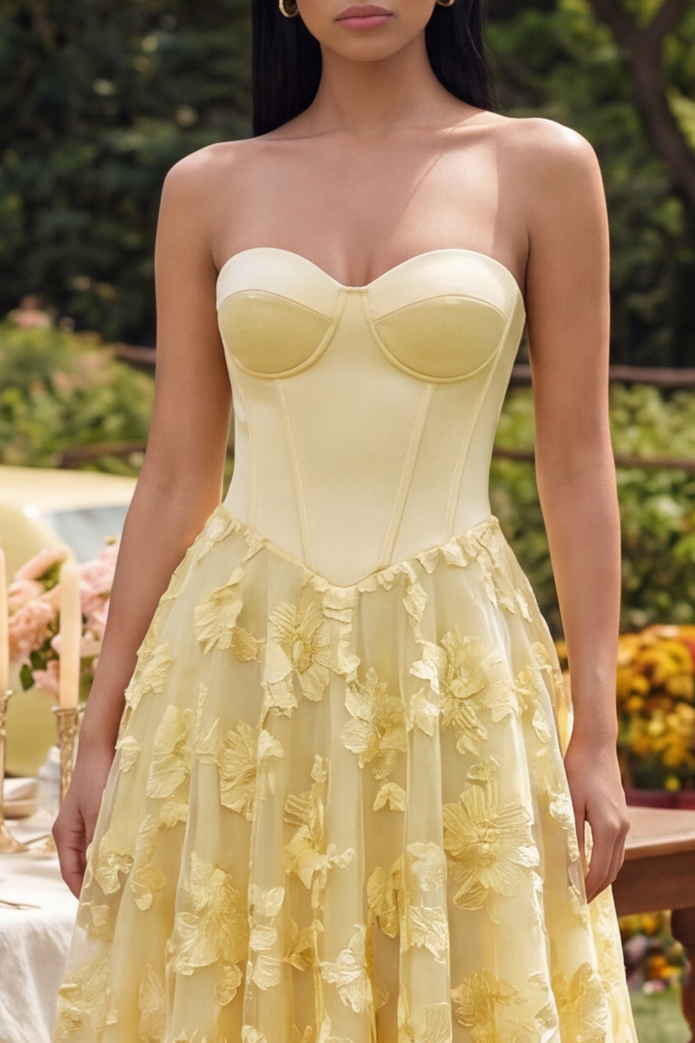 Butter Yellow Basque Waist Corset Maxi Floral A Line Beach Wedding Guest Dress