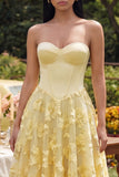 Butter Yellow Basque Waist Corset Maxi Floral A Line Beach Wedding Guest Dress