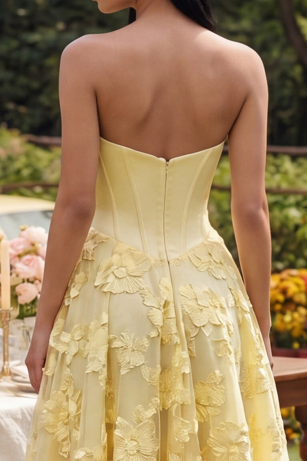 Butter Yellow Basque Waist Corset Maxi Floral A Line Beach Wedding Guest Dress