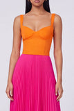 Long Color Block Patchwork A Line Orange and Fuchsia Formal Dress with Pleats