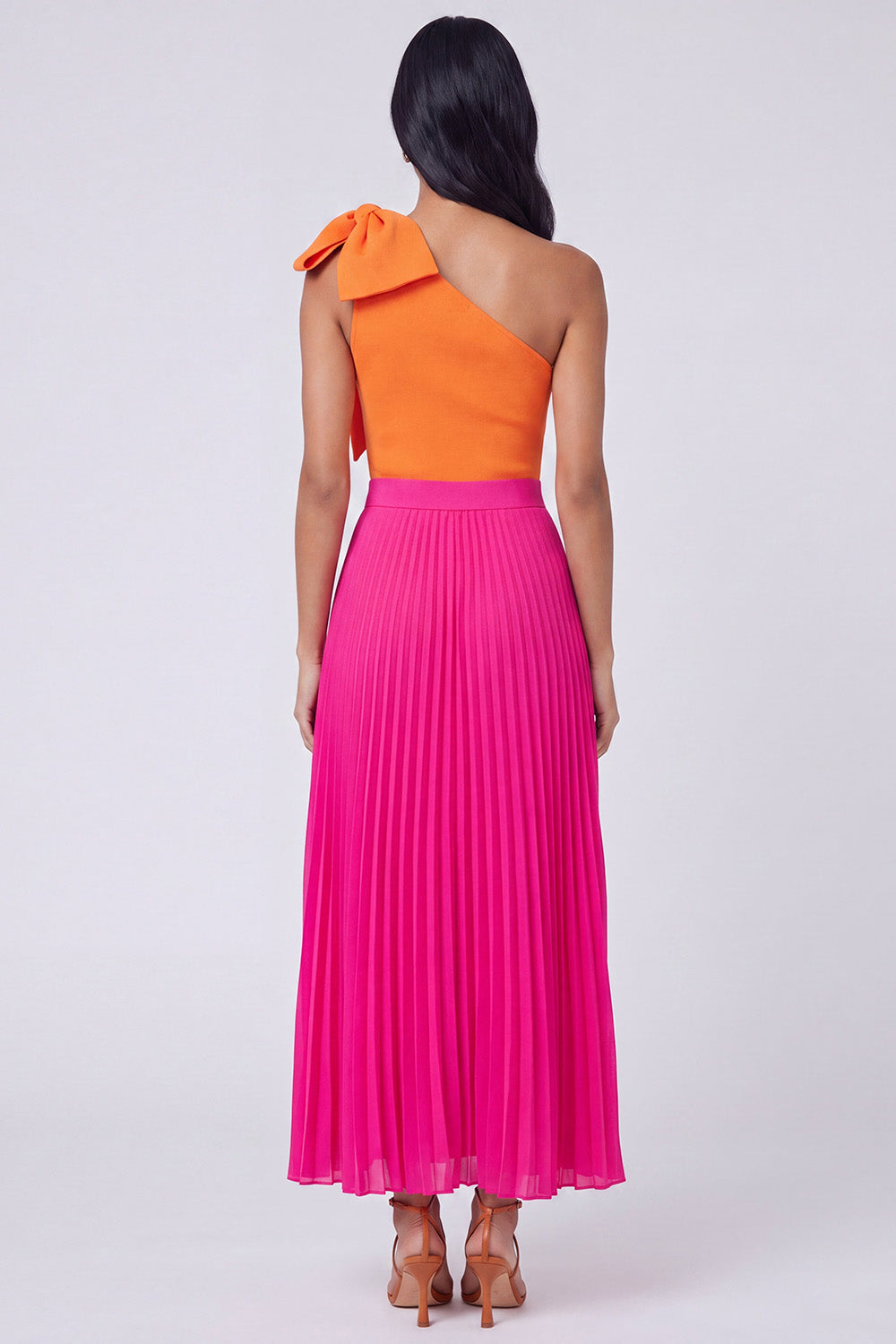 slim fit dress slacks Zapakasa Women Orange and Fuchsia Long Color Block Patchwork Formal Dress  with Bow Pleated One Shoulder A Line Wedding Guest Dress