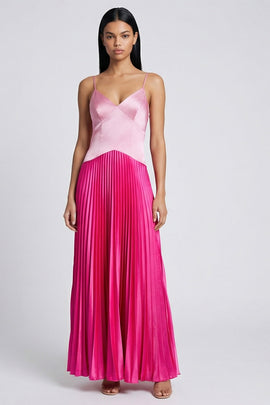 Pink and Fuchsia Long Color Block Patchwork Basque Wasit Formal Dress with Pleats