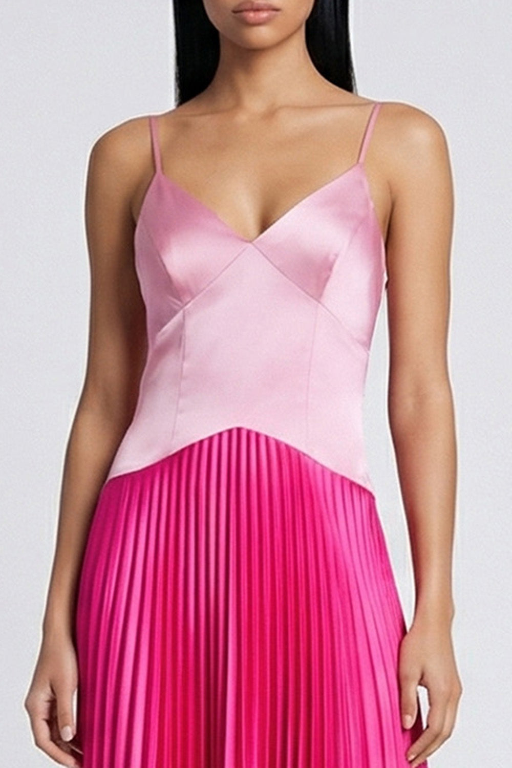 Pink and Fuchsia Long Color Block Patchwork Basque Wasit Formal Dress with Pleats