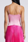 Pink and Fuchsia Long Color Block Patchwork Basque Wasit Formal Dress with Pleats
