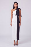 Fuchsia and Red Color Block Patchwork Long Sheath Formal Dress with Bow