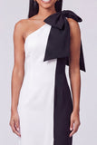 Fuchsia and Red Color Block Patchwork Long Sheath Formal Dress with Bow