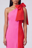 Fuchsia and Red Color Block Patchwork Long Sheath Formal Dress with Bow
