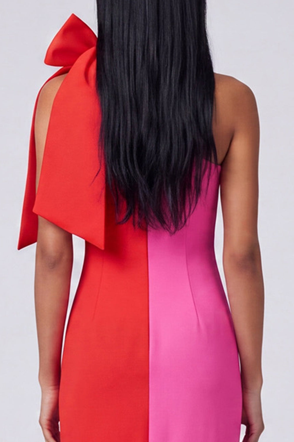 Fuchsia and Red Color Block Patchwork Long Sheath Formal Dress with Bow